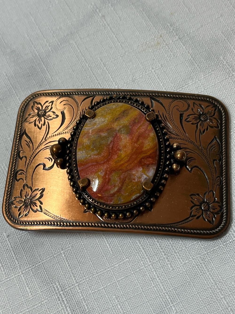 Vintage Copper-Tone Floral Belt Buckle with Marbled Stone - Picture 2 of 8